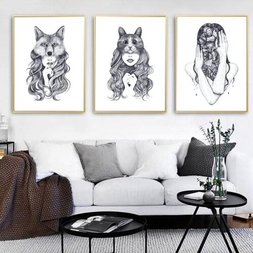 Nordic Flowers Of The Soul Art Canvas Painting Posters And Prints Black White Fox Cat Girl Wall Pictures For Living Room Decor