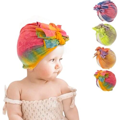 New Colorful Newborn Baby 3 Bowknots Hat Kids Girl Stretchy Tie-dye Cap Infant Breathable Headwrap 0-4T Children Donnut Bonnets
