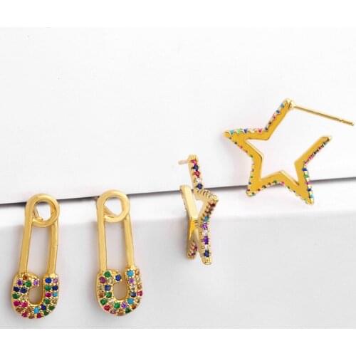New Design CZ Copper Paperclip Safety Pin Stud Earrings For Women Gold Color Geometric Star Jewelry Statement Charm Earring