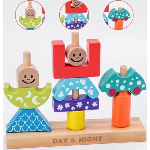 Educational Wooden Toy Sun & Moon Day & Night Pillar Blocks Early Learning Baby Kids Birthday Christmas Gift