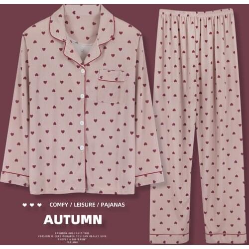 Autumn Winter Cotton Long Sleeve Long Pant Two Piece Set Women Pajamas Set Kawaii Pink Girl Turn-down Collar Love Sleepwear Suit