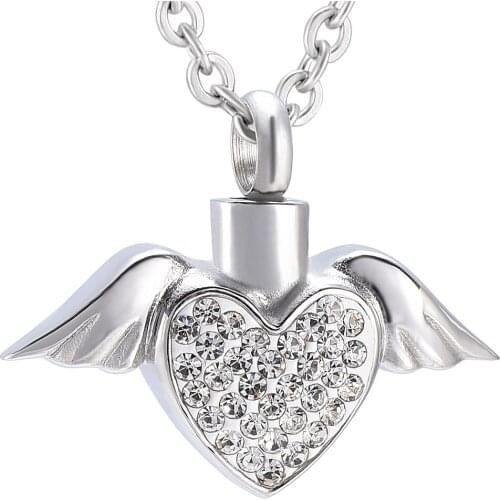 IJD9770 Stainless Steel Cremation Urn Pendant Necklace for Ashes Funeral Urn Heart Crystal Memorial Women Necklace Wings Heart