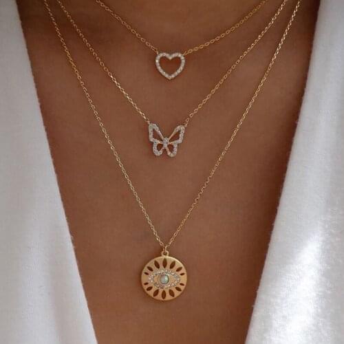 3 Pcs/Set Boho Necklaces Set Women Retro Crystal Butterfly Eyes Heart Gold Color Pendant Necklace Ladies Party Jewelry