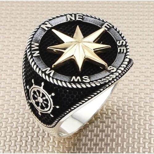Sterling Silver Compass Model Ring Rudder Ring Patterned Silver Sailor Jewelry For Men Made in Turkey
