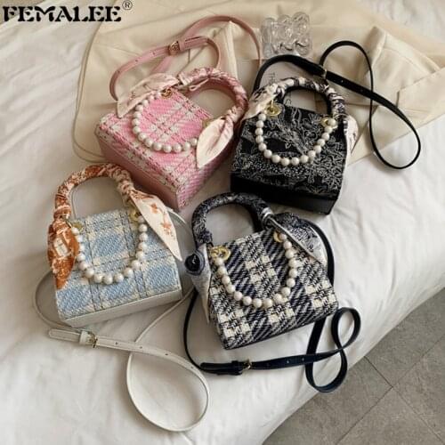 European Style Tweed Handbags For Women Fashion Female Autumn Designer Pearl Handle Sac Woolen Lady Tote Party Wedding Purses