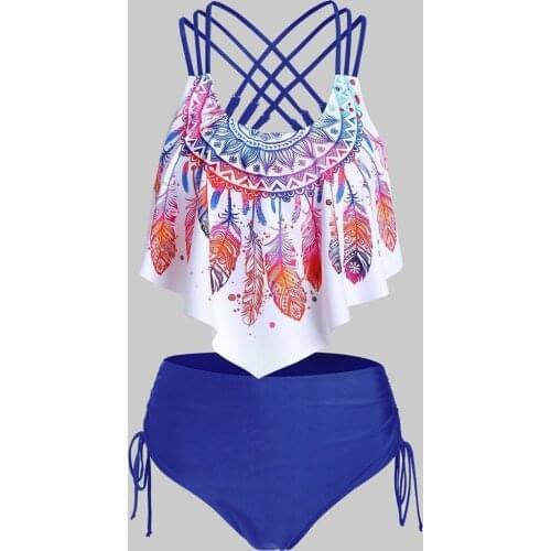 Tankini Bikini Set Feather Printed Sleeveless Round Neck Summer Swimwear for Women Fashion Maillot De Bain Bikinis Mujer 2021