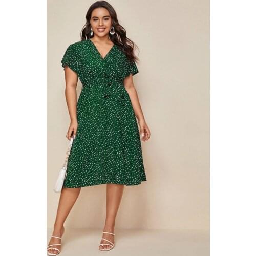 Green Summer Plus Size Dresses Women 2021 Black Casual Dot Printed Sexy Female Midi Dress V-Neck Short Sleeve Streetwear New 4XL
