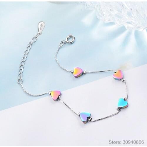 Genuine 925 Sterling Silver Colorful Romantic Love Hearts Bracelet for Women Charm Bracelet Fine Jewelry Valentines Gift
