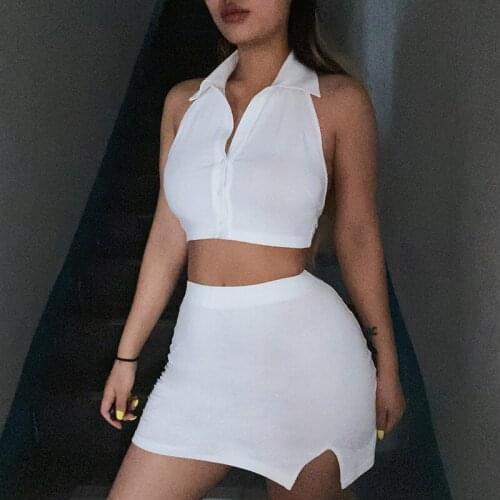 Halter straps POLO collar top suit skirt 2021 European and American summer sexy split short skirt two-piece suit