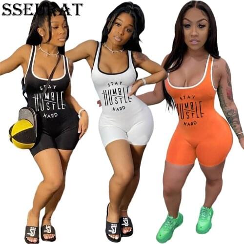 SSEURAT Letter Sleeveless O-neck Elastic Waist Sport Women Jumpsuits Rompers Tank One Piece Overalls Outfits Playsuit 2021