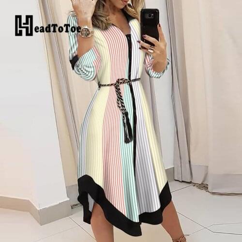 Stripes Print Colorblock Asymmetrical Shirt Dress Women Casual Work Dress