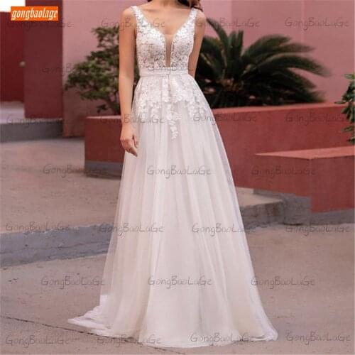 Elegant White wedding Dresses 2021 vestido de noiva V Neck Lace Appliques Custom Made Bride Gowns Tulle A Line robe de mariée