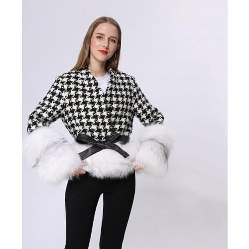 Winter Ladies Short Korean Style Elegant Houndstooth Belted Cashmere Wool Coat Women With Fox Fur Trim MJF-CC-03