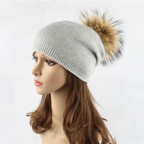 2018 Real Fur Pompoms Winter Hats For Women Beanies Hat Wool Warm Cap Hip Hop Caps Solid Beanie Black Pom Hats Girls Gorro