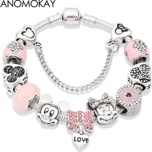 2021 New Cute Pink Crystal Mickey Minnie Charm Bracelet Silver Color Heart Bead Bracelet for Women Girl Fashion Jewelry Gift