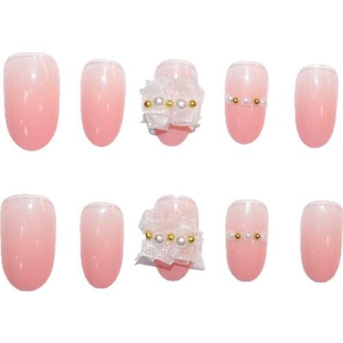 24Pcs Glossy Pink Artificial Fake Nails Pearl Inlay For Design Fashion Lady Long False Nails Full Cover Manicure Fingernails