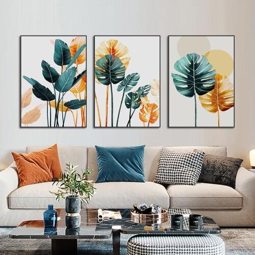 3panel Abstract Gree Yellow Leaves Canvas Printing And Poster Abstract Wall Art For Room Decor Nordic Landscape Wall Painting