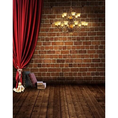 5x7ft Wooden Floor Brick Wall Red Curtain Photography Backdrops Photo Props Studio Background