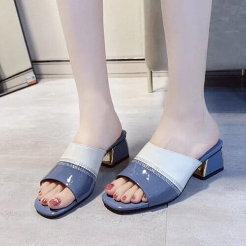 Fish mouth soft leather sandals and slippers women Outer wear square toe 2021 summer new shoes Block-heeled high-heeled slippers