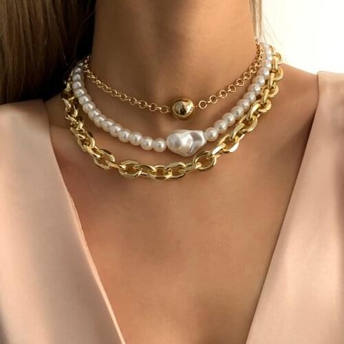IngeSight.Z 3Pcs/Set Pig Nose Chains Baroque Imitation Pearl Choker Necklace Multi Layered Curb Cuban Necklace for Women Jewelry