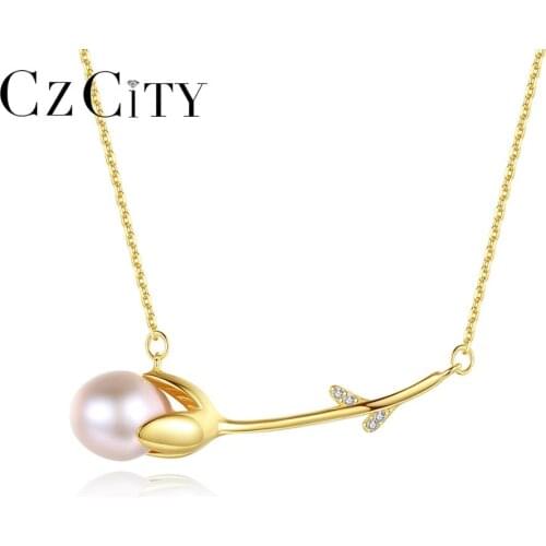 CZCITY Freshwater Pearl Pendant Necklace Tulip Flower Bud 925 Sterling Silver Fine Jewelry for Women Dating Christmas FN-0235