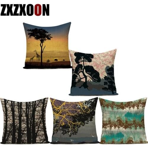 Decorative Throw Pillows Case Square Scenic Animals Giraffe Plant Trees Polyester Sofa Cushion Cover for Living Room