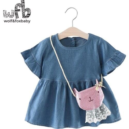 Retail 0-3 years short-sleeve girl dress + cat bag children summer round neck