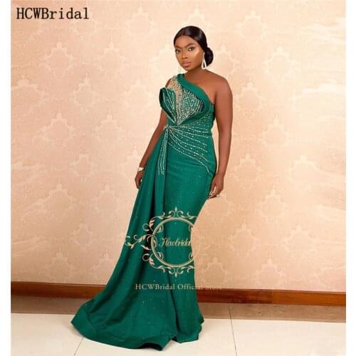 One Shoulder African Women Long Evening Dress Exquisite Beads Satin Straight Green 2021 Evening Gowns Custom Made