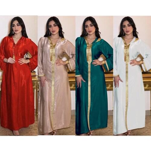 Dubai Abaya Djellaba Moroccan Kaftan Women Braid Trim Long Sleeve Muslim Hijab Maxi Dress Robe Arabic Islamic Clothes