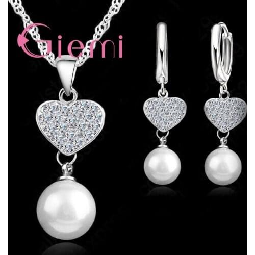 Wholesale Romantic Cubic Zircon CZ Crystal Pearl Heart Pendant 925 Sterling Silver Jewelry Set Women Necklace Earrings