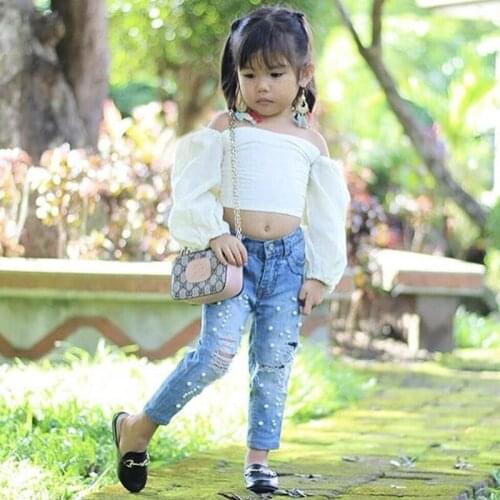 Summer Girls 2 Pieces Suits Kids Set Childrens Clothing Baby Off Shoulder White Tshirts Denim Pants Cropped Tops Jeans