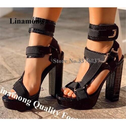 Linamong Fashoin Stone Pattern Leather High Platform Chunky Heel Gladiator Sandals Straps Buckle White Black Thick Heel Sandals