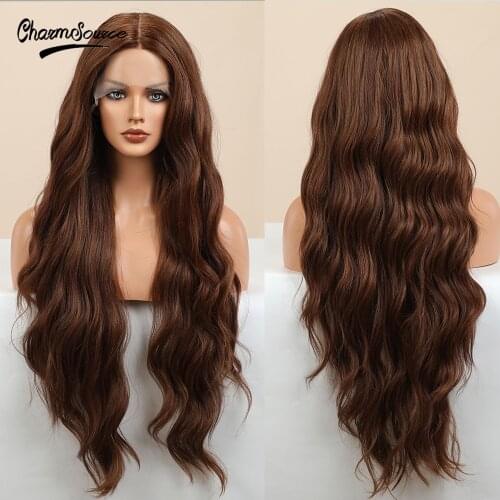CharmSource Natural Wavy Front Lace Wig Long Dark Brown Wigs for Black Women Daily Party Use High Density Synthetic Hair