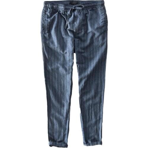 2020 Spring And Autumn New Fashion Stripe Linen Casual Pants Men Thin Slim Linen Straight Long Trousers Hairstylist Tide Pants