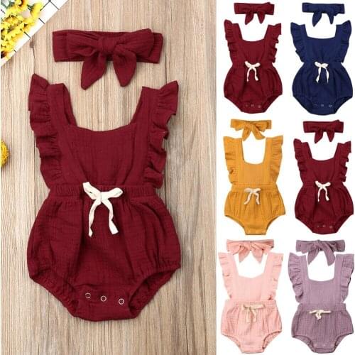 0-24M Adorable Infant Baby Girl Rompers Toddler Flutter Sleeve Ruffle Jumpsuit Rompers with Headband Summer Outfits Clothes