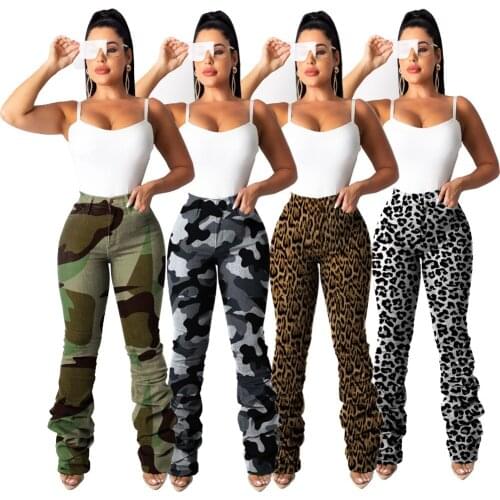 Sexy Leopard Print Women Jeans Fashion Camouflage Long Pants Ruched Ripped High Waisted Jeans Skinny Denim Outfit Trousers