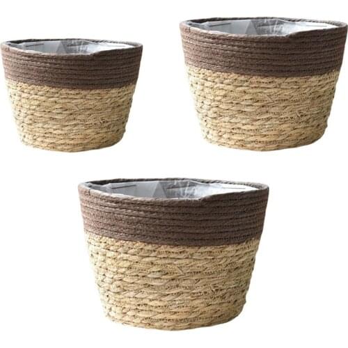 Rattan Floor Flower Pot Indoor And Outdoor With Plastic Lining Environmentally Friendly Straw 3pcs Multi Size Plant Basket