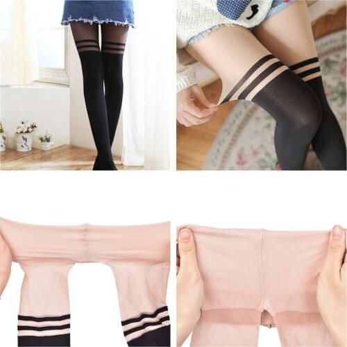 Sexy Black Women Temptation Sheer Mock Suspender Tights Pantyhose Stockings Cool Mock Over The Knee Double Stripe Sheer Tights
