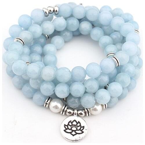 Blue 108 beads 8mm elastic adjustable Lotus life tree Buddha OM eye Chakra Reiki agate Onyx Yoga Bracelet necklace xec2