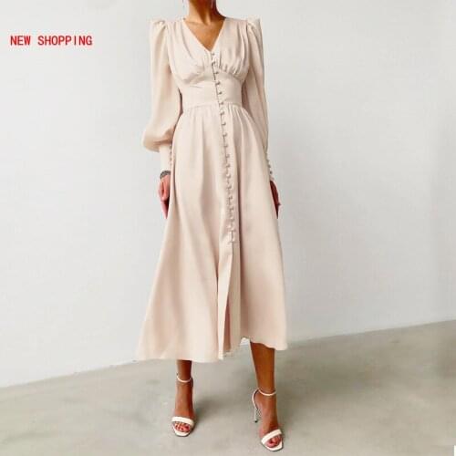 Vintage Sexy V-Neck Lantern Sleeve Long Satin Dress Spring Summer 2021 New Women Elegant Empire Waist A-Line Club Party Dresses