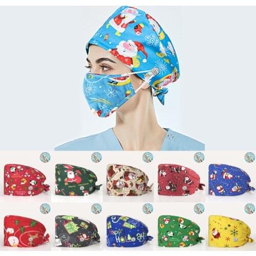 16Styles Unisex Doctor Nurse Work Hat Printing Floral Stylish Cotton Bouffant Beauty Cap Scrub Cap Surgical Christmas Hat