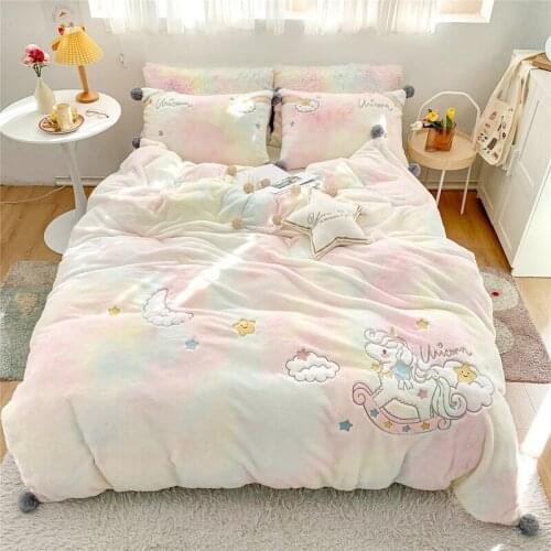 Super Warm Short Plush Unicorn Bedding Set Soft Velvet Seven Color Hairball Edge Duvet Cover Bed Skirt Pillowcase Gift For Girls