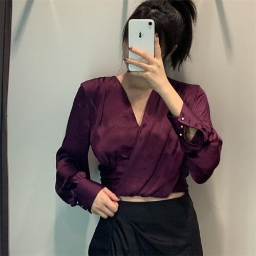 TRAF Women 2021 Fashion Small Pleated Hem Knot Double Blouses Vintage Long Sleeve Female Shirts Streetwear