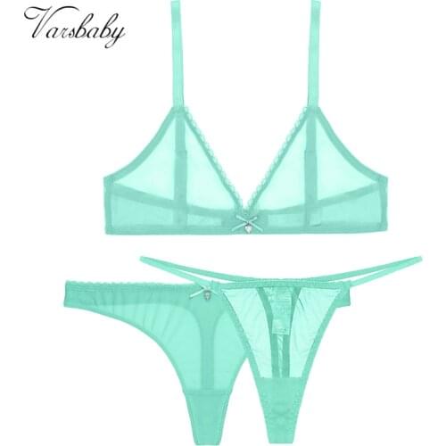 Varsbaby lace underwear 3-piece deep V 1bra + 2 thongtransparent unlined soft Sexy slim bra set