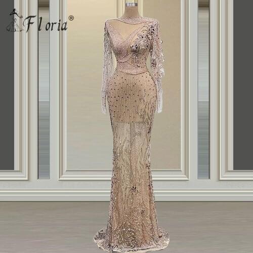 Luxury Champagne Evening Dresses Diamond Beading Mermaid Prom Dresses 2021 Long Sleeve Formal Party vestido de festa rose