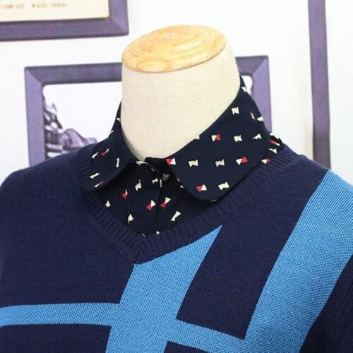 Women Blouse Sweater Turn-Down Fake False Collar Detachable Geometric Pattern Printed Cotton Half Shirt Tie Button Apparel