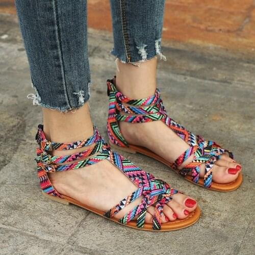 Bohemia Women Sandals Summer Casual Shoes Flat Heels Sandals Gladiator Colorful Bohemia Zip Ankle Strap Ladies Sandalias Mujer