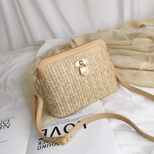 Ladies Straw PU Leather Crossbody Bag Woven Women Shell Fashionable Shoulder Bags for Beach Holiday Travelling Ornament