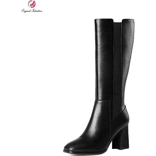Original Intention Women Mid-Calf Boots Cow Leather Square Toe Square Heels Boots Fashion Black Shoes Woman US Size 3.5-10.5
