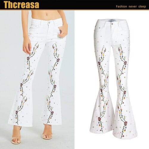 Hot Sale Womens Jeans Wide Leg Pants White Embroidery Horn Jeans Women Pants